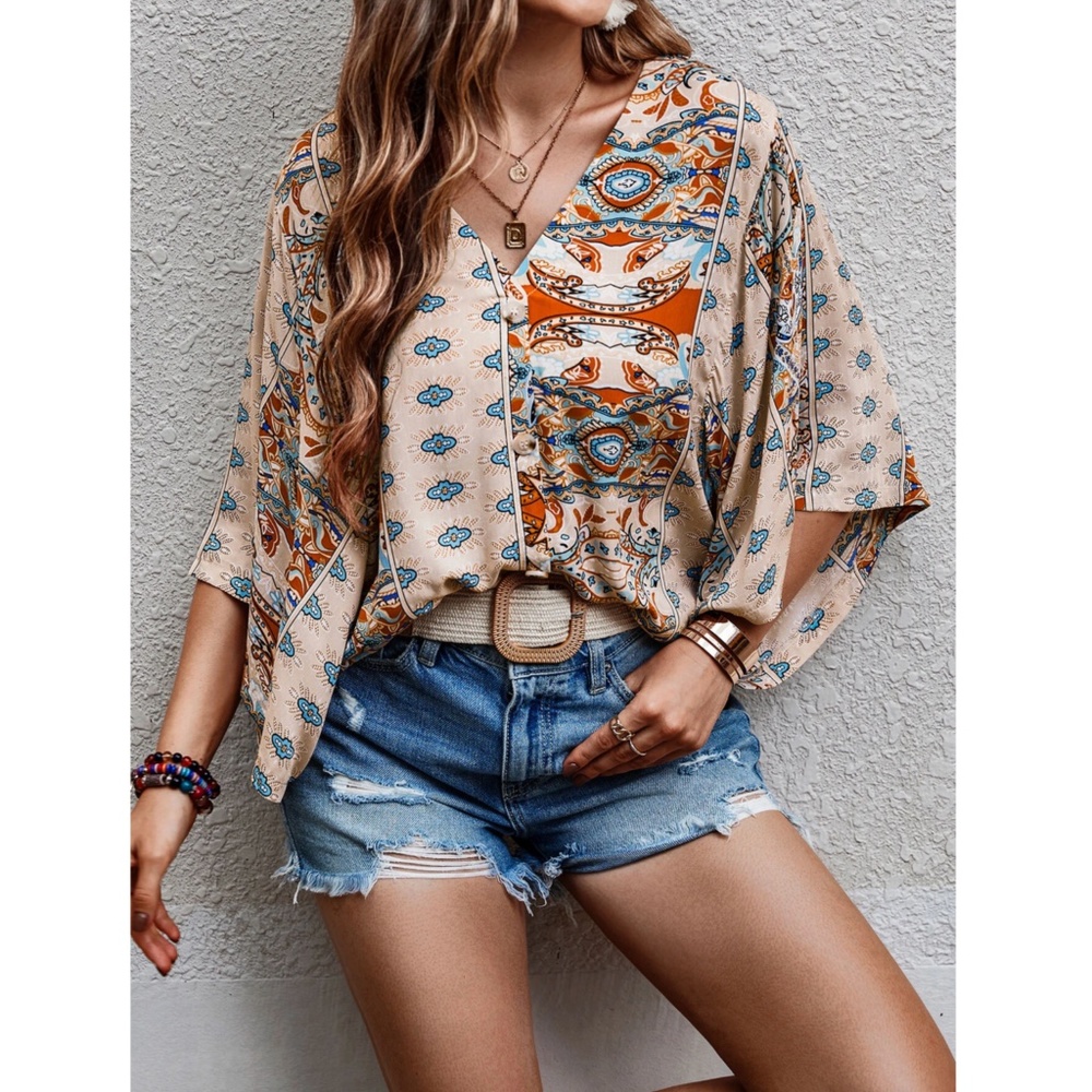 Printed Beige Multicolor Batwing Sleeve V-Neck Blouse Top - Picture 5 of 11
